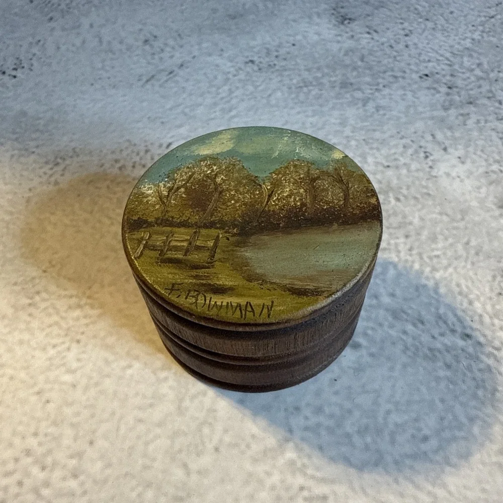 Hand Painted Folk Art Round Wooden Trinket Box Lake Scene Signed By F. Bowman